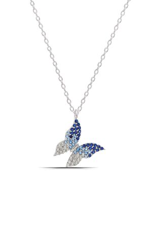 Kelebek Mavi Tasarım 925 Ayar Gümüş Kadın Kolye